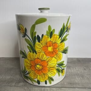 Vintage ITALY White Yellow Orange Flower Ceramic Canister Sugar Flour 7.5 inch